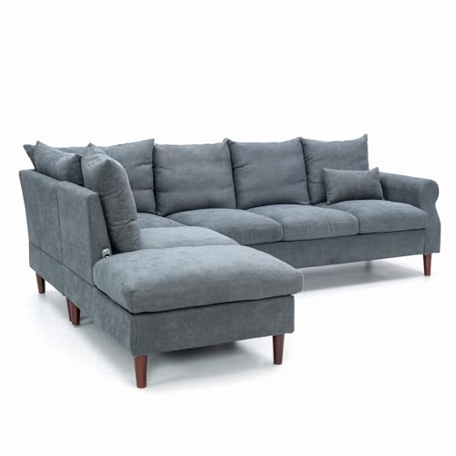 Panana Convertible Sectional L-Shaped Couch with Built-in USB Port Chaise for Living Room, 6 Seats Oversized Sofas with Cushion Backrest (Gray Linen, Rolled Arm-Left Corner)