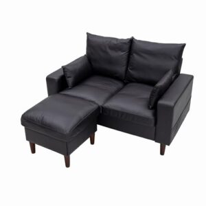 Panana 54.5" Small Loveseat Couch Sofa, Fabric Upholstered 2-Seat Sofa, Love Seat Furniture with Wood Leg for Small Space, Living Room, Apartment (Black Faux Leather, Track Arm-2 Seater with Ottoman)