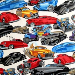 Alexander Henry, Lead Sleds Vintage Cars Hotrod White, Designer Quilting Cotton Fabric, 100% Cotton, 44-45" Wide, by-The-Yard