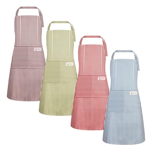 XLSXEXCL 4 Pack Stripes Apron for Women, Waterproof Kitchen Cooking Apron with 2 Pockets Adjustable Chef Apron Baking Aprons Bib Aprons Artist Apron for Cooking, Cleaning, Painting, Serving