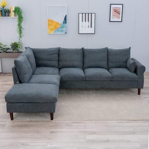 Panana Convertible Sectional L-Shaped Couch with Built-in USB Port Chaise for Living Room, 6 Seats Oversized Sofas with Cushion Backrest (Gray Linen, Rolled Arm-Left Corner)