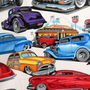 Alexander Henry, Lead Sleds Vintage Cars Hotrod White, Designer Quilting Cotton Fabric, 100% Cotton, 44-45" Wide, by-The-Yard