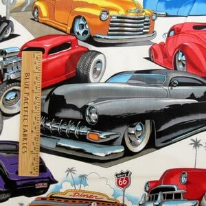 Alexander Henry, Lead Sleds Vintage Cars Hotrod White, Designer Quilting Cotton Fabric, 100% Cotton, 44-45" Wide, by-The-Yard