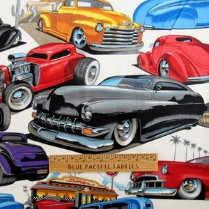 Alexander Henry, Lead Sleds Vintage Cars Hotrod White, Designer Quilting Cotton Fabric, 100% Cotton, 44-45" Wide, by-The-Yard