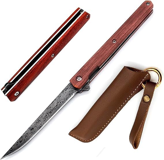 Japan Pocket Knife, 3.8-inch Stainless Steel Drop Point Blade, Wood Handle for Whittling, Hiking, Camping, EDC, and Outdoor, Gift for Men