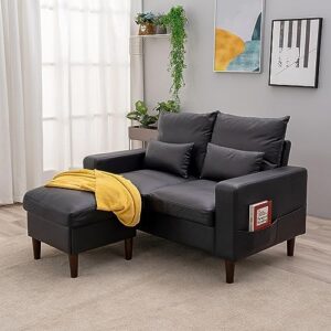 Panana 54.5" Small Loveseat Couch Sofa, Fabric Upholstered 2-Seat Sofa, Love Seat Furniture with Wood Leg for Small Space, Living Room, Apartment (Black Faux Leather, Track Arm-2 Seater with Ottoman)