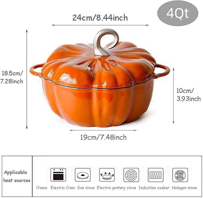 4qt Pumpkin Dutch Oven –Pumpkin Cast Iron Dutch Oven –Pumpkin Shape Cooking Pot Enamel Pot – Enamelled Cooking Pot –Serves 3-5, Christmas Decorative Pots Gifts