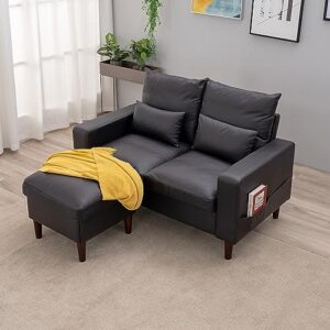 Panana 54.5" Small Loveseat Couch Sofa, Fabric Upholstered 2-Seat Sofa, Love Seat Furniture with Wood Leg for Small Space, Living Room, Apartment (Black Faux Leather, Track Arm-2 Seater with Ottoman)