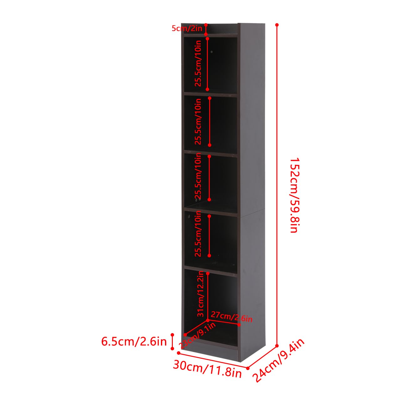 6 Tiers Cube Bookcase, 60' Narrow Corner Bookcase with Open Shelf, Tall Freestanding Bookshelf for Living Room Bedroom, Cube Display Shelves for Home Office, Wooden Slim Storage Tower, Black Walnut