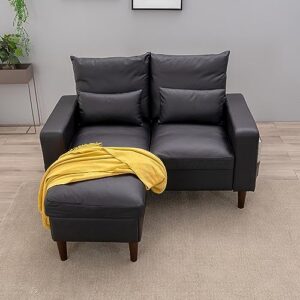 Panana 54.5" Small Loveseat Couch Sofa, Fabric Upholstered 2-Seat Sofa, Love Seat Furniture with Wood Leg for Small Space, Living Room, Apartment (Black Faux Leather, Track Arm-2 Seater with Ottoman)