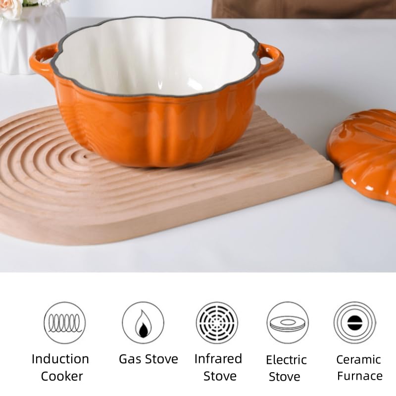 Enameled Cast Iron Dutch Oven with Lid –Pumpkin Cocotte – Non Stick Dutch Oven Pot – Sturdy Ovenproof Stockpot Cookware – Enamelled Cooking Pot – Oversized Handles (1.6-quart)