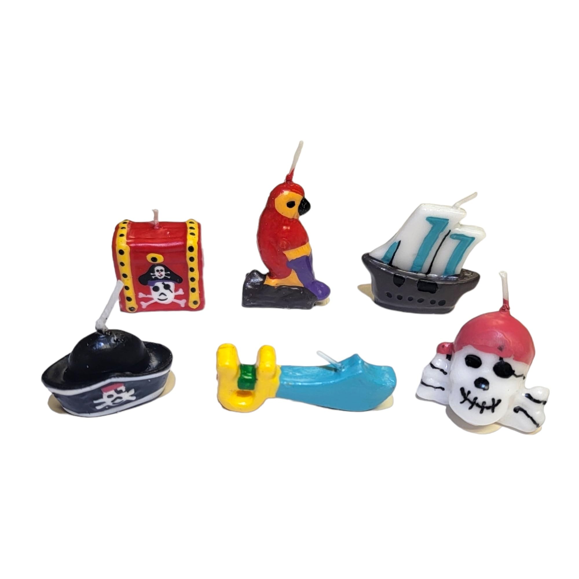 Pirate Themed Birthday Cake Candles (Set of 6) Treasure Chest, Skull, Sword, Pirate Hat, Pirate Ship and a Parrot. Great Cupcake Topper Candle (1 Set)