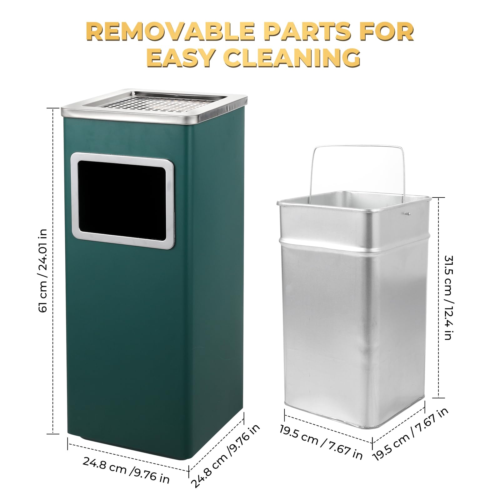 POWLAB Trash Can Outdoor Waste Container Square Stainless Steel Trash Can with Removable Inner Bucket for Disposal Commercial Waste Container 9.45‘’ x 9.45‘’ x 24.02‘’-Green