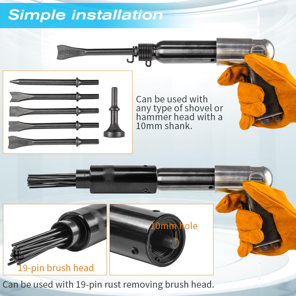 BAUSATZ Air hammer Heavy Duty 220mm long barrel air chisel kit with 5pcs chisels Needle Scaler Attachment with 19pcs Needles，5000BPM air chisel for shoveling and cutting (JBCXJ01)