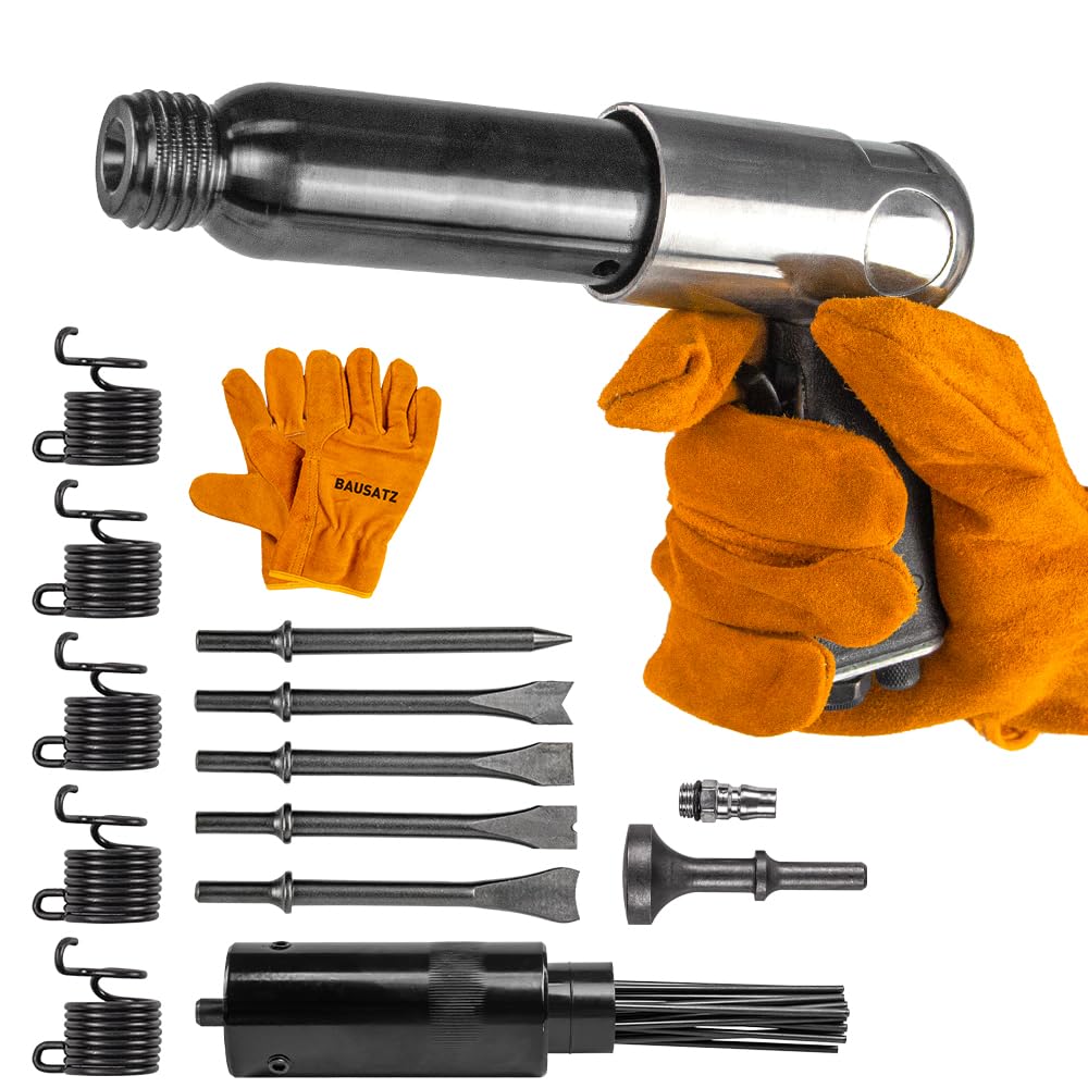 BAUSATZ Air hammer Heavy Duty 220mm long barrel air chisel kit with 5pcs chisels Needle Scaler Attachment with 19pcs Needles，5000BPM air chisel for shoveling and cutting (JBCXJ01)