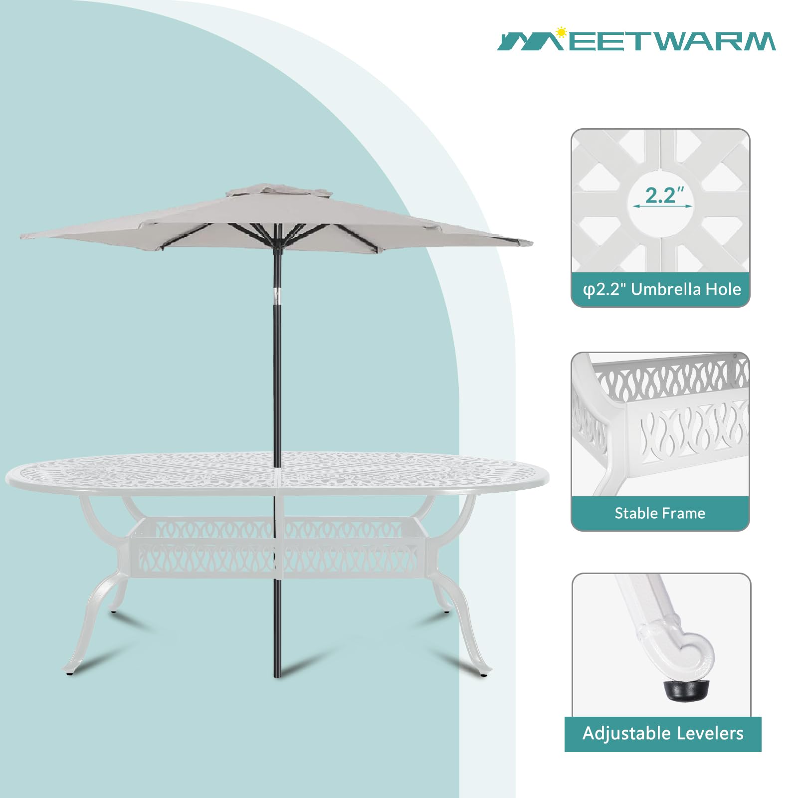 MEETWARM 9-Piece Outdoor Patio Dining Set- 8 Outdoor Dining Cushioned Chairs and 1 Oval Table with 2" Umbrella Hole, All Weather Cast Aluminum Patio Funiture Set for Backyard, White