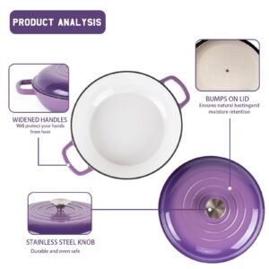 AILIBOO Enameled Cast Iron Dutch Oven,3 Quart Dutch Oven Pot with Lid, Round Dutch Oven Cast Iron Pot with Non Stick Enamel Coating for Bread Baking, Graduated Purple Dutch Oven for Kitchen