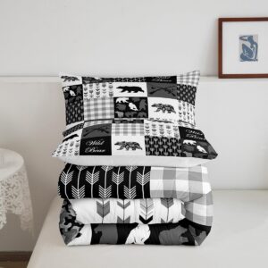 jejeloiu Bear Comforter Set Twin Size Kids Black White Buffalo Check Comforter for Boys Girls Teens Boho Arrow Camo Farmhouse Bedding Set Breathable Wild Animal Duvet Set Room Decor Quilt Set