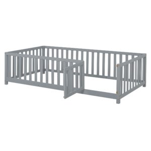 Twin Size Daybed with Fence Guardrails and 2 Drawers, Wood Twin Bed Frame Montessori Bed with Storage for Kids Girls Boys ,Can Split into Independent Floor Bed & Storage Daybed ,Grey