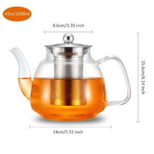 42oz/1250ml Glass Tea Kettle，Glass Teapot with Removable Stainless Steel Infuser, for Blooming and Loose Leaf Tea, Stovetop & Microwave Safe Tea Pot, Tea Maker's Choice