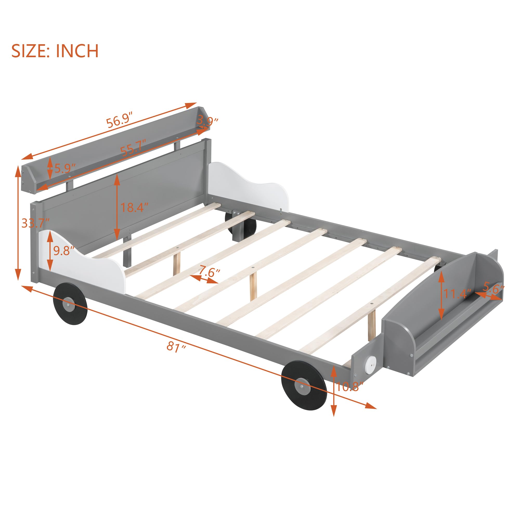 CITYLIGHT Full Size Car Beds for Boys, Full Bed Frame with with Storage Shelf, Wooden Kids Car Full Bed for Boys with Wheels for Child's Bedroom,Grey