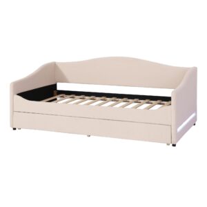 Merax Upholstered Daybed, Twin Size Teddy Fleece Sofa Bed with Trundle & LED Lights for Bedroom, Wood Slat Support, No Box Spring Needed, Easy Assembly, Beige