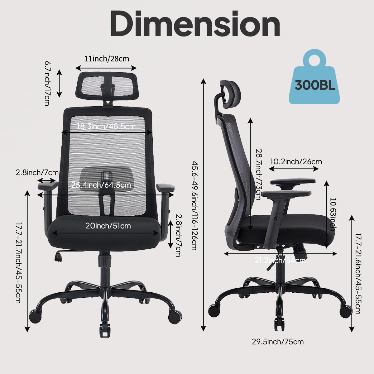 Ergonomic Office Chair for Home Office, Desk Chair with Breathable Mesh, Adjustable Armrest, Lumbar Support and Headrest, Black