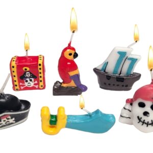 Pirate Themed Birthday Cake Candles (Set of 6) Treasure Chest, Skull, Sword, Pirate Hat, Pirate Ship and a Parrot. Great Cupcake Topper Candle (1 Set)