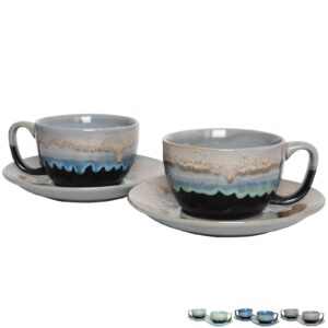 bosmarlin ceramic cappuccino cup and saucer set of 2, 10 oz, dishwasher and microwave safe, coffee cups for latte, espresso, tea, reavtive glaze (grey, 10 oz)