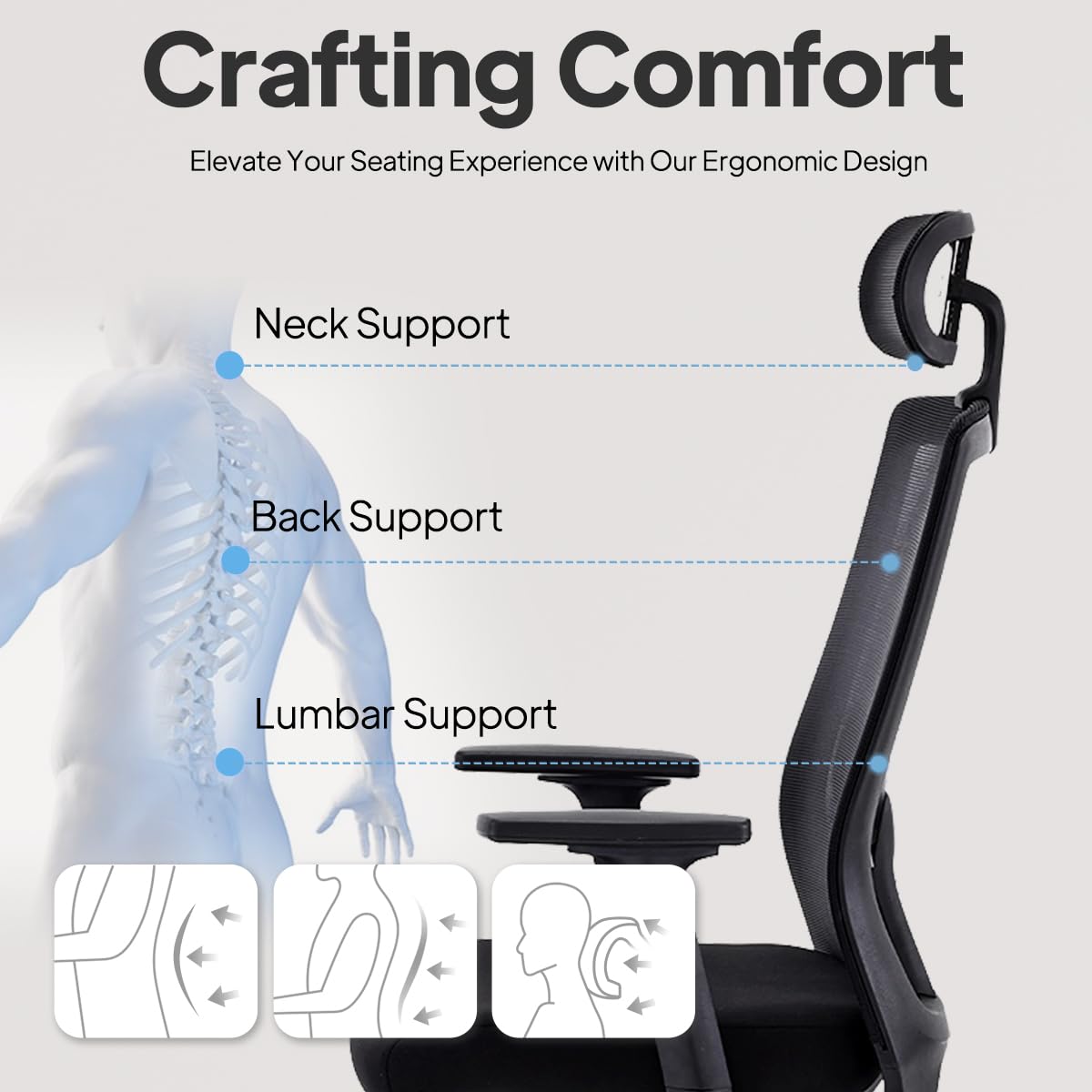 Ergonomic Office Chair for Home Office, Desk Chair with Breathable Mesh, Adjustable Armrest, Lumbar Support and Headrest, Black