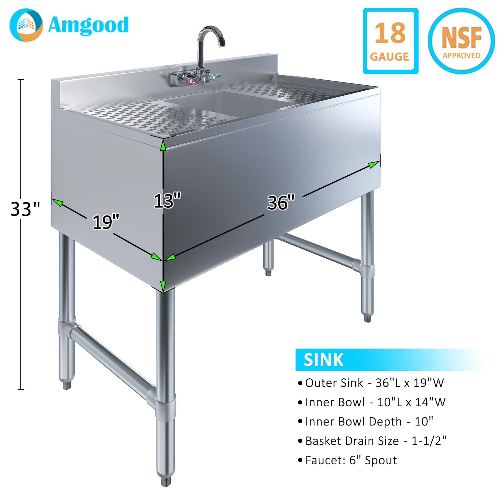 AmGood Stainless Steel Bar Sink | NSF (Sink Size: 36"x19", Single Bowl + Faucet + 2 Drainboards)