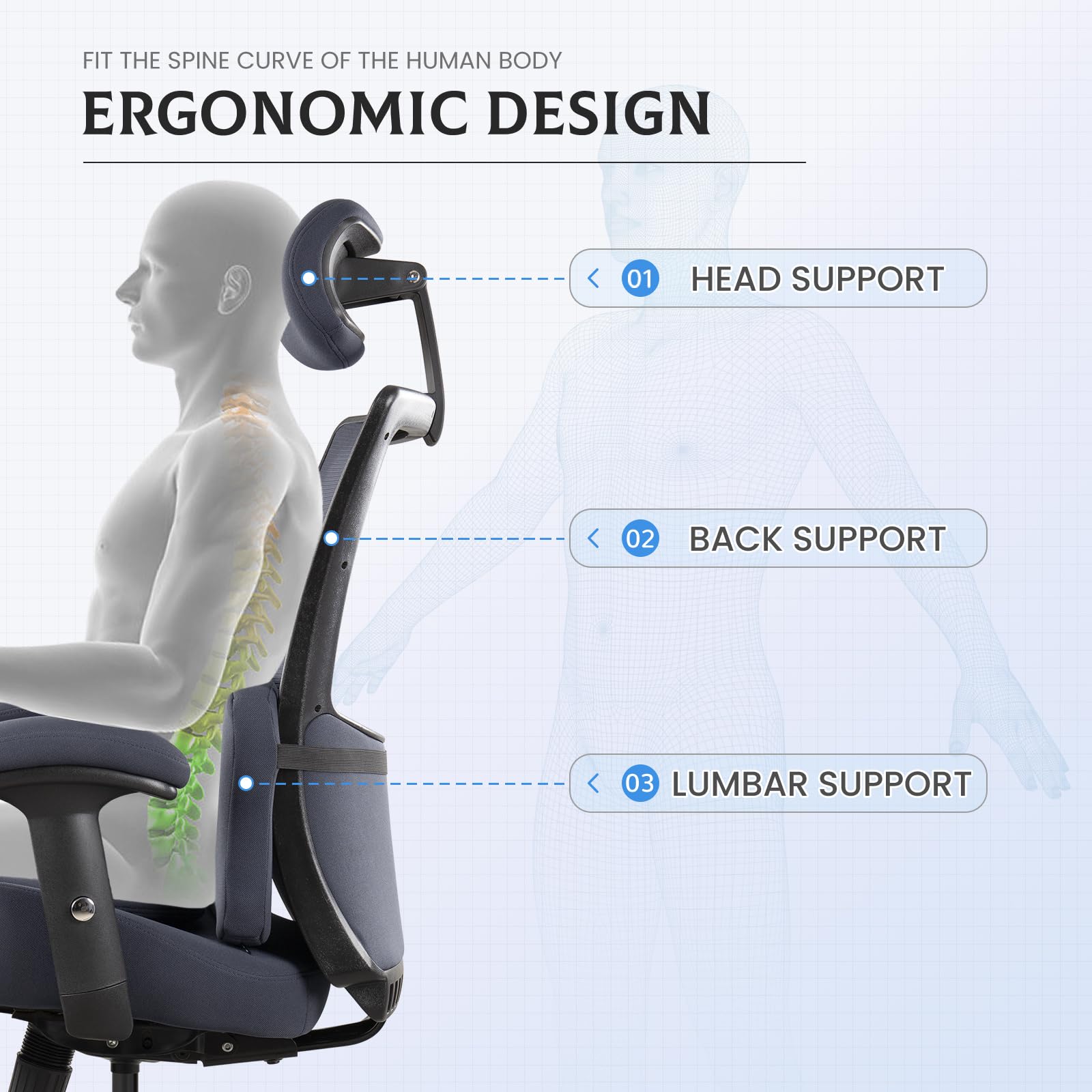 WITTLONG Big and Tall 500lbs High-Back Mesh Erogonomic Office Chair Computer Desk Chair Adjustable Headrest Height Adjustable Armrest and Lumbar Support-Grey