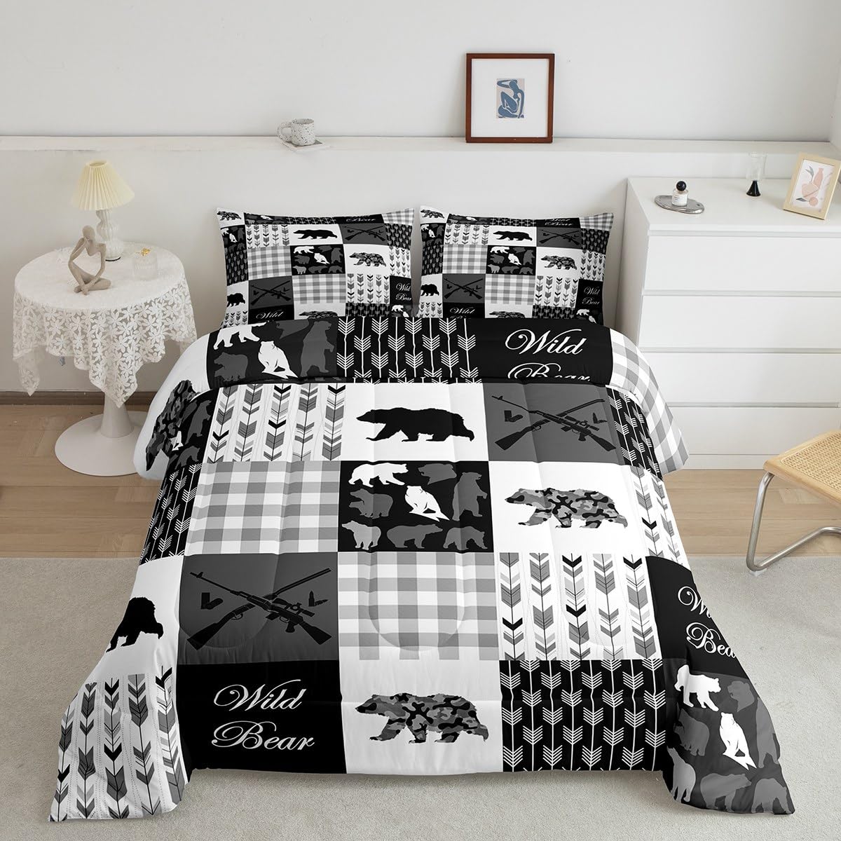 jejeloiu Bear Comforter Set Twin Size Kids Black White Buffalo Check Comforter for Boys Girls Teens Boho Arrow Camo Farmhouse Bedding Set Breathable Wild Animal Duvet Set Room Decor Quilt Set