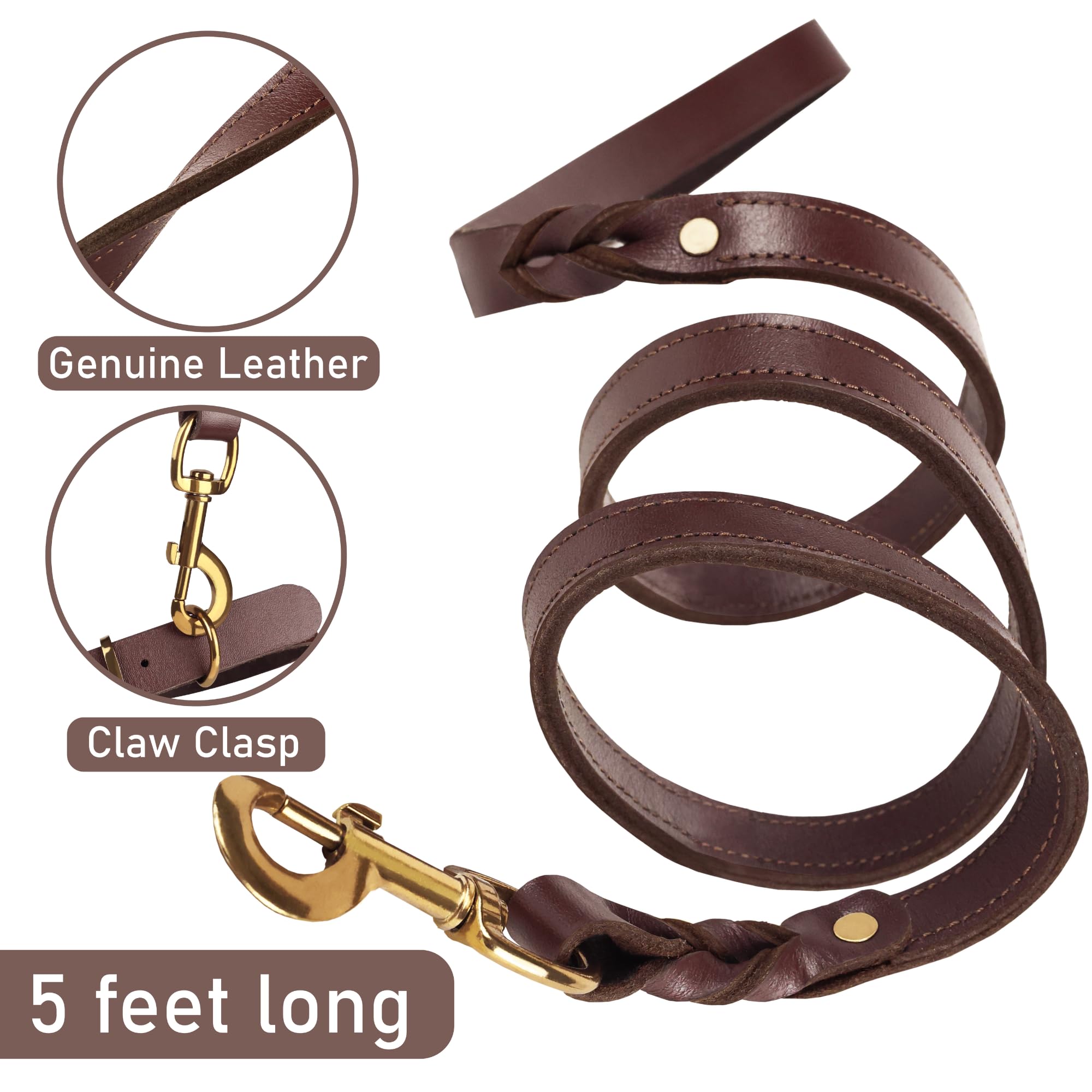 Heavy Duty Genuine Leather Dog Collar and Leash Set - 5ft Soft and Durable Leash and Collar Set with Metal Buckle - Adjustable Dog Collar Set, Compatible for Small to Medium Dogs