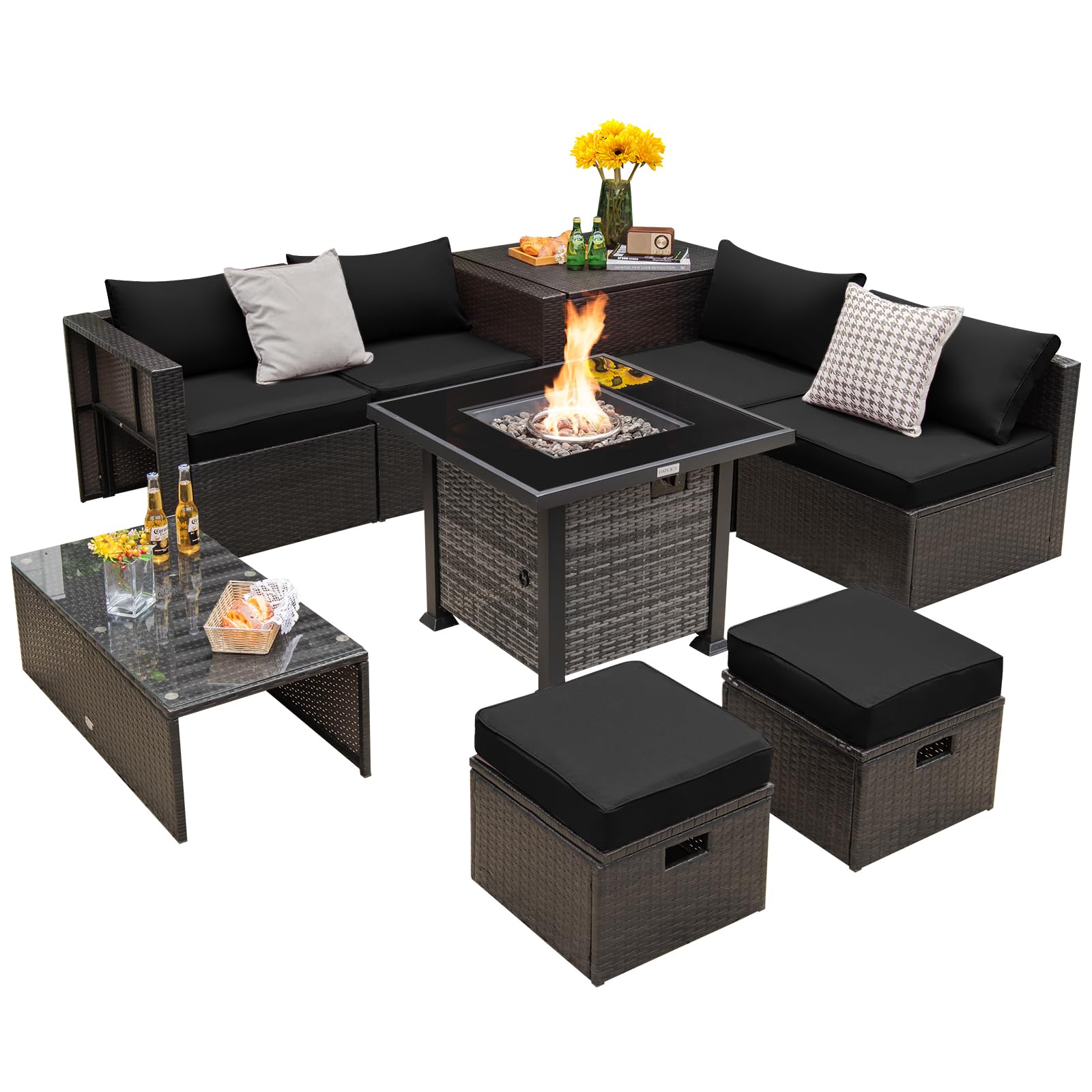 Tangkula 9 Pieces Patio Furniture Set with 50,000 BTU Propane Fire Pit Table, Outdoor Wicker Space-Saving Sectional Sofa Set with Storage Box, 32” Square Gas Fire Pit (Black)