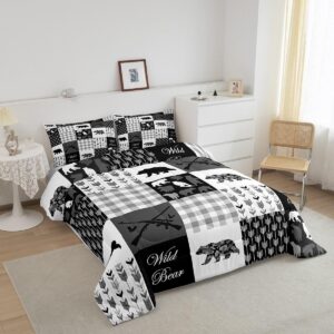 jejeloiu Bear Comforter Set Twin Size Kids Black White Buffalo Check Comforter for Boys Girls Teens Boho Arrow Camo Farmhouse Bedding Set Breathable Wild Animal Duvet Set Room Decor Quilt Set