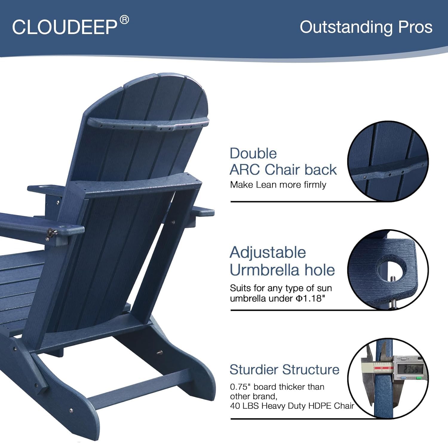 CLOUDEEP Folding Adirondack Chairs, HDPE Adirondack Chairs All Weather, Fire Pit Chairs,Dark Blue