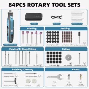 TOOLSBAT Cordless Rotary Tool Kit - 5-Speed Power Rotary Tools with 84 Accessories, 4V Rechargeable Power Rotary Tool, LED Screen Display, Tool Box for Grinding Drilling Cutting Handmade/DIY Creations