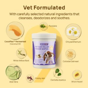 HICC PET Ear Finger Wipes for Dogs & Cats - Gently Remove Ear Wax, Debris - Sooths & Deodorizes - Relieve Ear Itching & Inflammation, Fresh Coconut Scent, All Natural Ingredients - 50 Count