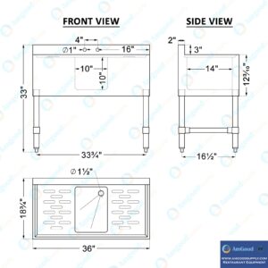 AmGood Stainless Steel Bar Sink | NSF (Sink Size: 36"x19", Single Bowl + Faucet + 2 Drainboards)