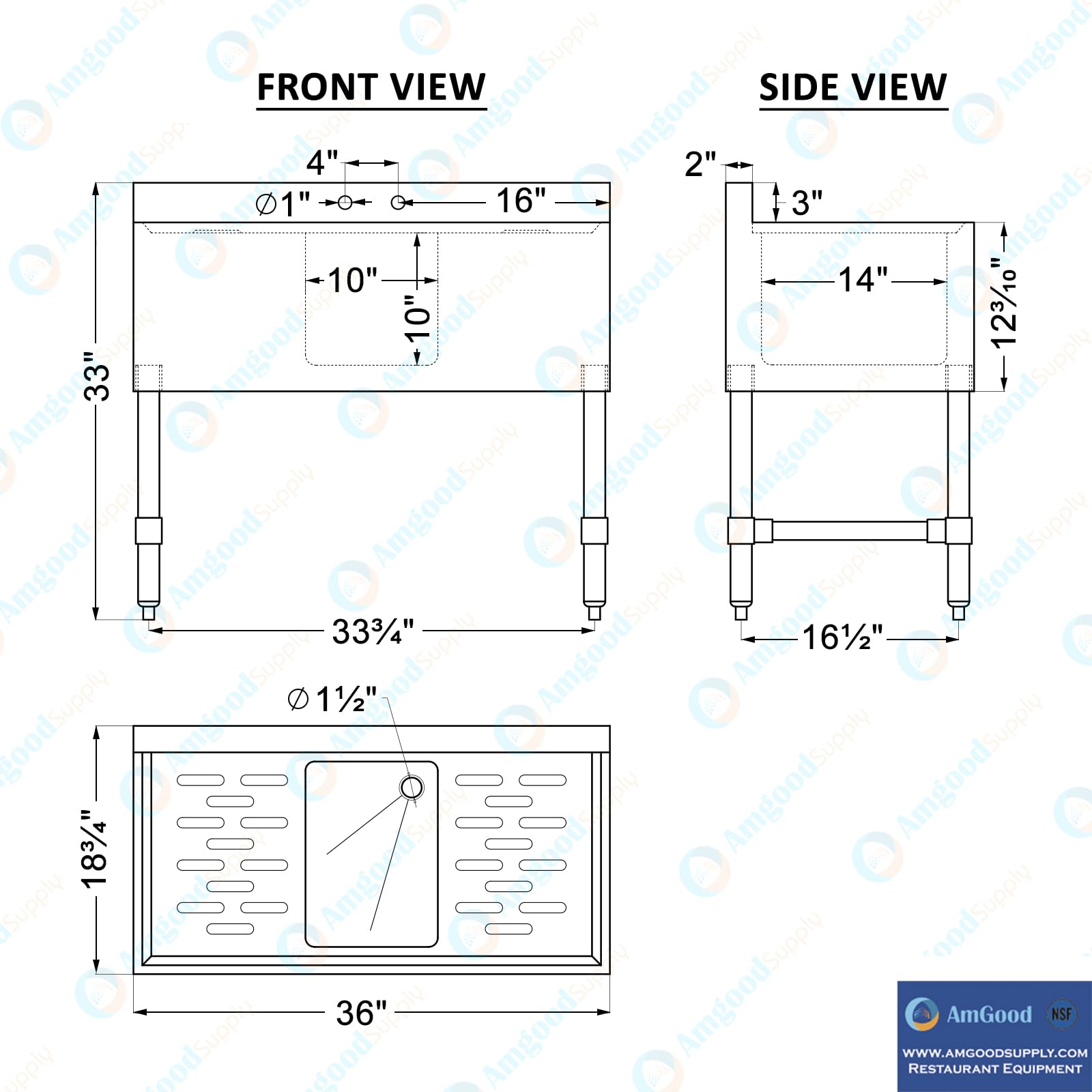 AmGood Stainless Steel Bar Sink | NSF (Sink Size: 36"x19", Single Bowl + Faucet + 2 Drainboards)