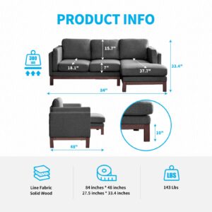 Mjkone 84-Inch Convertible Sectional Sofa Couch with 7" Thick Cushion, Upholstered Linen Fabric L-Shaped Couch, 3-Seat Sofa Sectional with Chaise Lounge for Living Room, Apartment(Dark Grey)