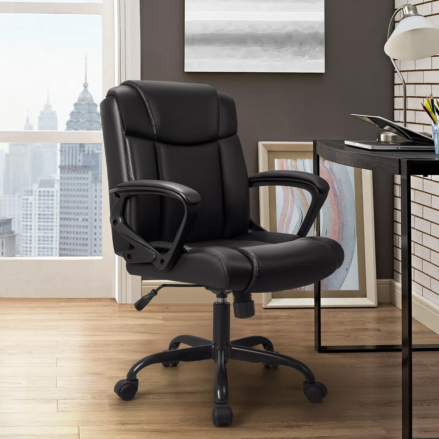 VICTONE Home Office Chair Mid Back PU-Leather Computer Desk Chair, Height Adjustable Ergonomic Executive Chair with Padded Armrests Lumbar Support