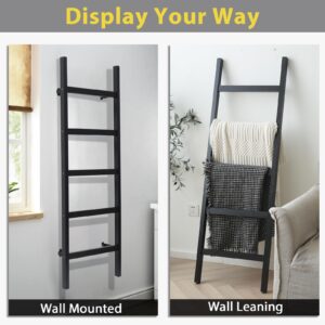 FUIN Wall Mounted 57in Wooden Blanket Ladder Living Room Decorative Farmhouse Quilt Display Holder Rustic Wood Towel Rack for Bathroom, Black