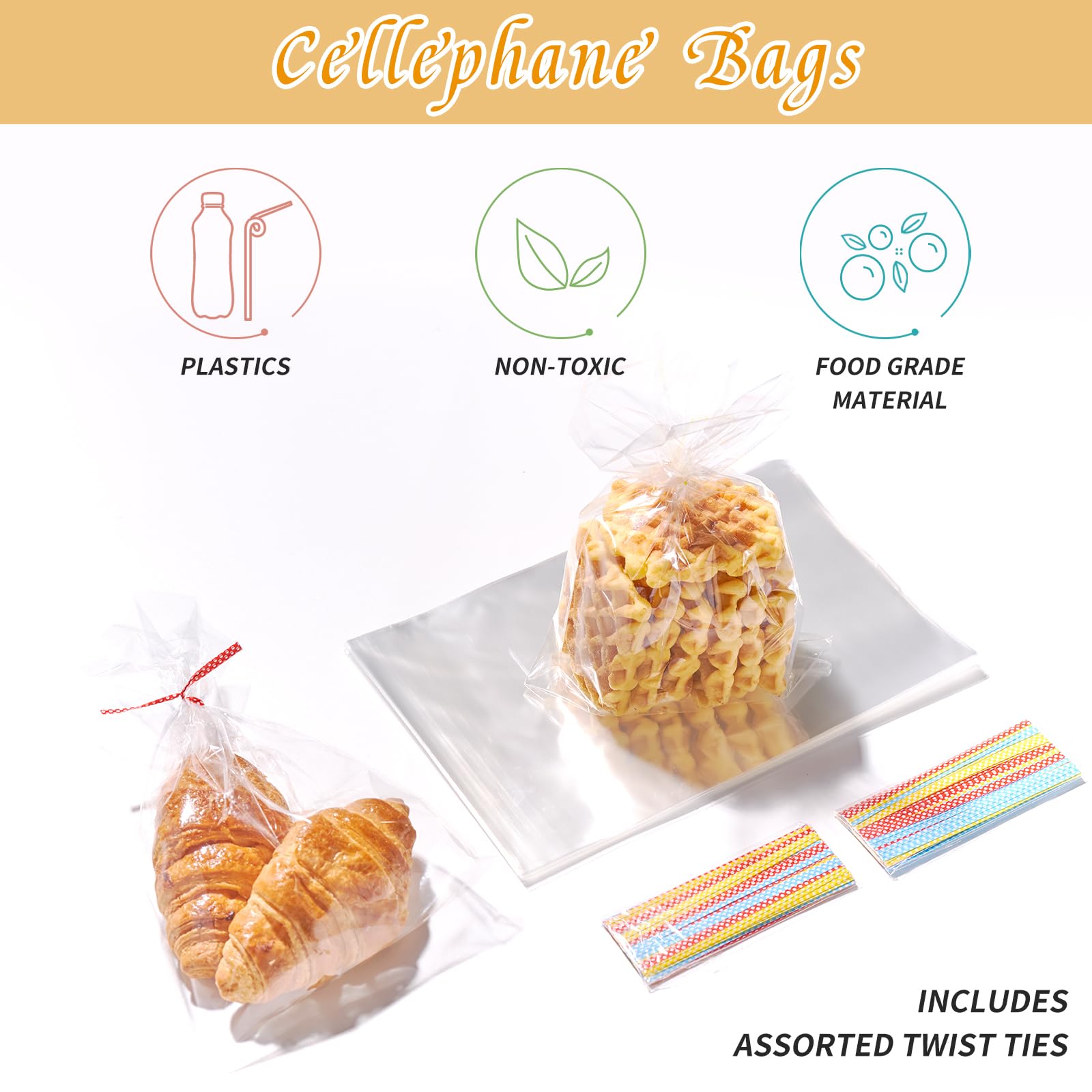 200 PCS Transparent Clear Cellophane Bags 6x9 Inches, Clear Treat Bags with Ties for Cookie Bags Resealable Cellophane Bag for Packaging Cookies,Gifts,Products,Candy,Favors