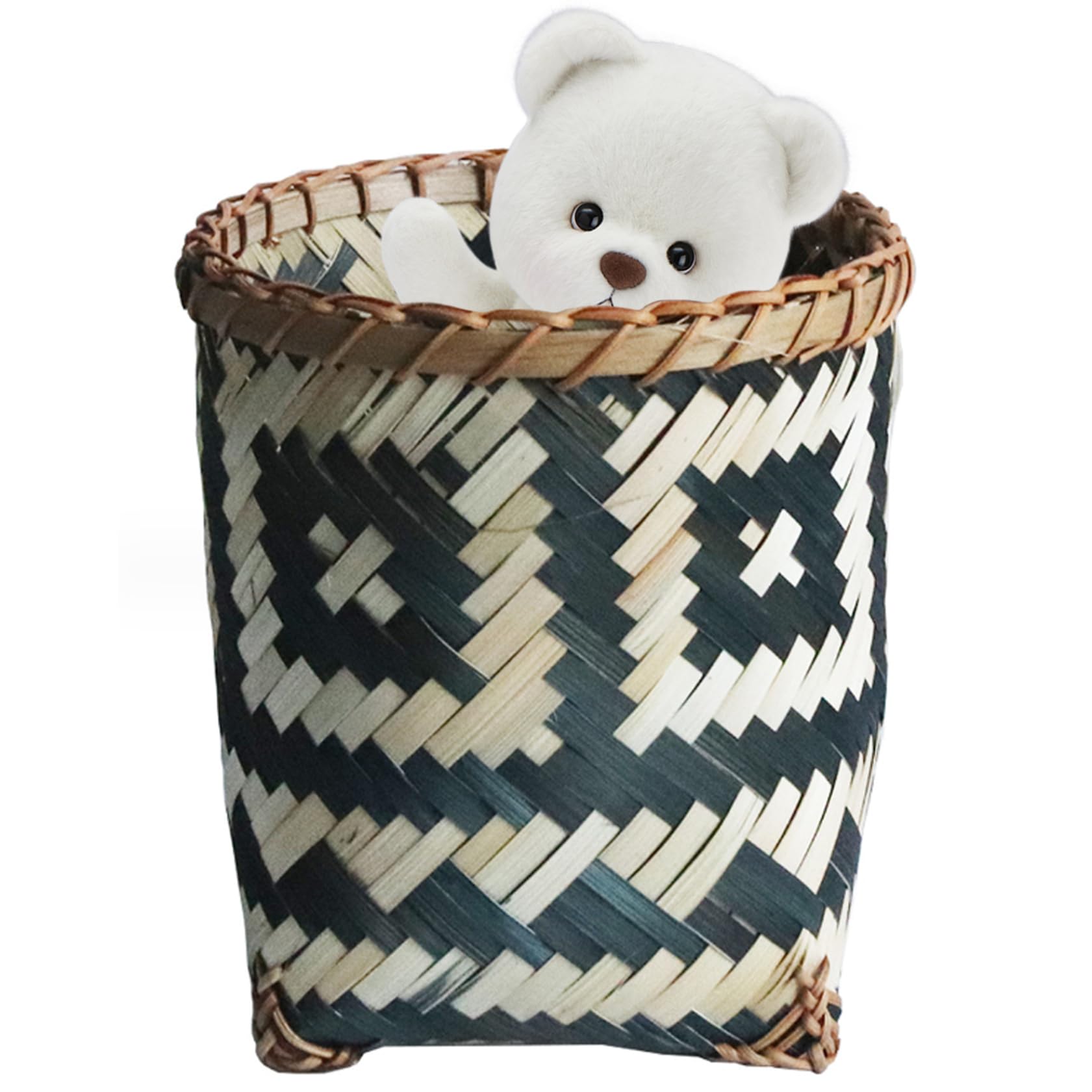 Eaarliyam Wicker Trash Can Wicker Waste Basket Boho Trash Can Round Waste Paper Bin Rubbish Basket Plant Flower Pot for Under Desk Bedroom Bathroom Home Office