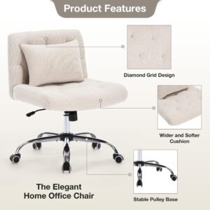 Armless Fabric Office Desk Chair with Wheels, Cross Legged Wide Seat Chair, Modern Home Office Chair with Lumbar Pillow, Comfortable Computer Task Chair for Small Space, Vanity Chair for Women, Girls