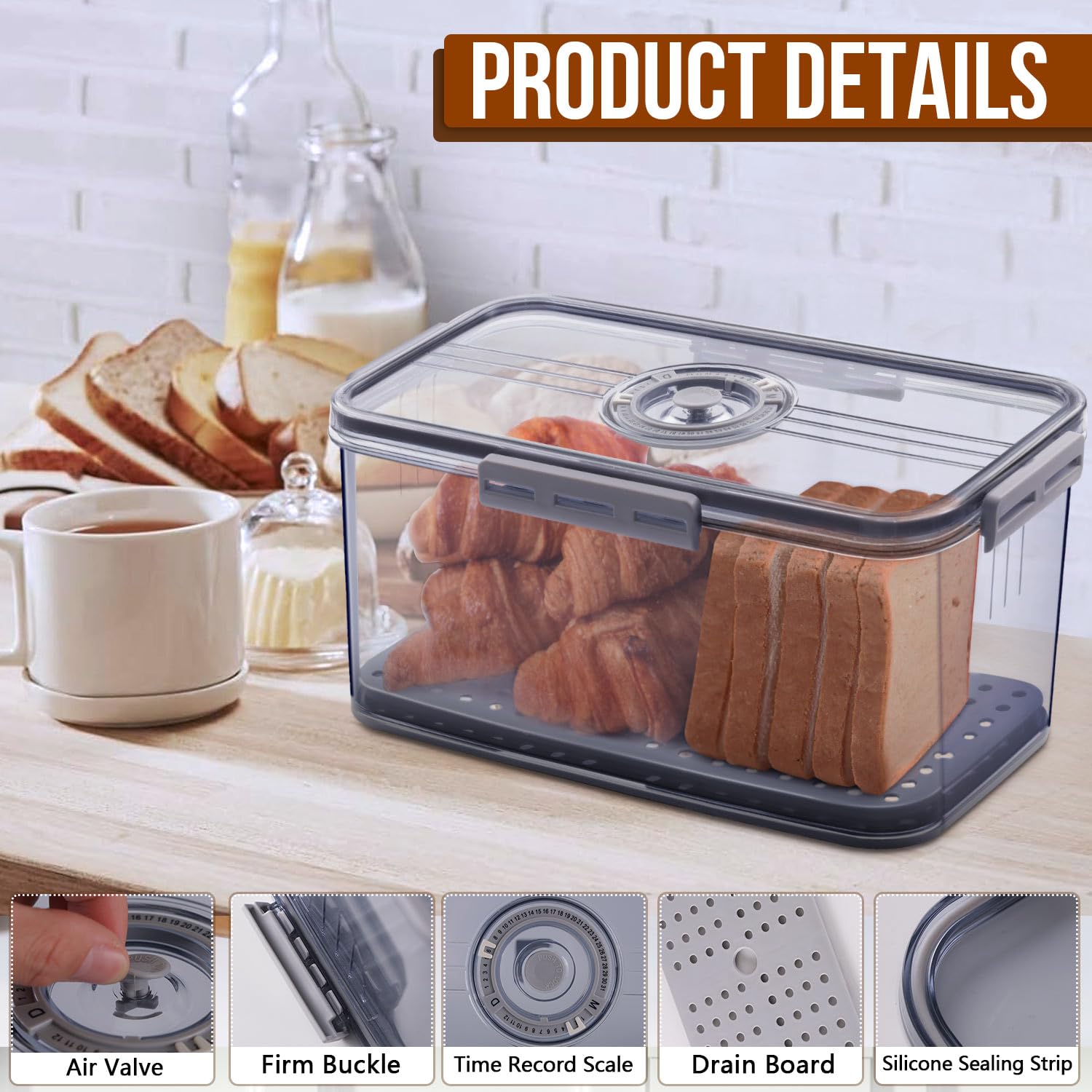 Gifhomfix Bread Box Bread Boxes for Kitchen Counter Airtight, Time Recording Bread Storage Container with Lid, Bread Keeper for Homemade Bread, Toast, Bagel, Donut and Cookies, Grey