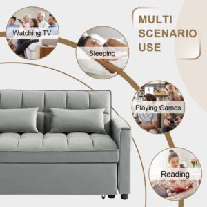 SumKea Pull Out Couch Bed Sleeper Sofa, Velvet 3-in-1 loveseat Sofa Bed with Pull-Out Bed, Two Throw Pillows, Grey