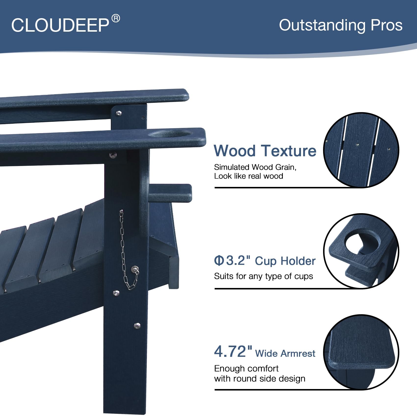 CLOUDEEP Folding Adirondack Chairs, HDPE Adirondack Chairs All Weather, Fire Pit Chairs,Dark Blue